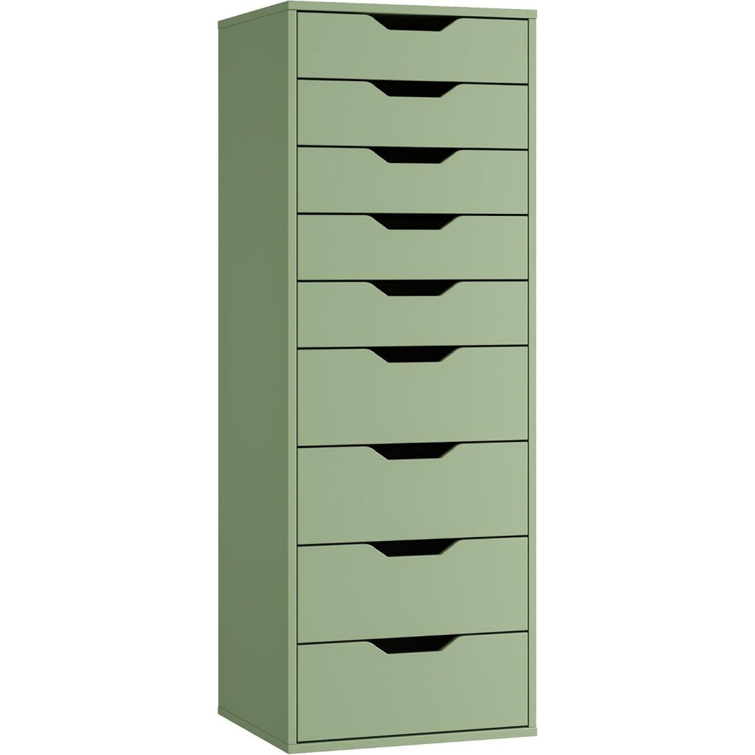 Das Sideboard zeigt 9 Schubladen in Gruen