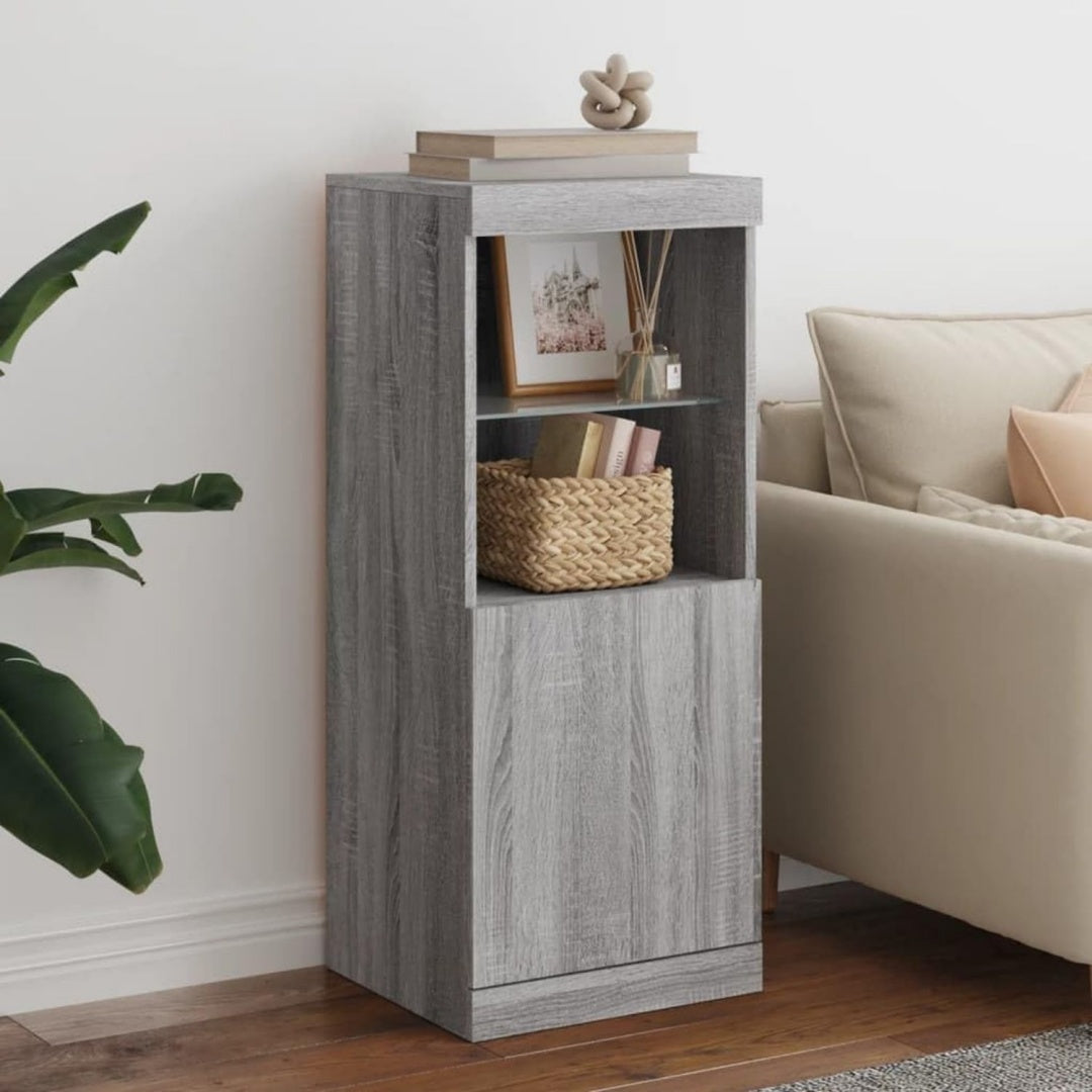 Das Sideboard misst 41 x 37 x 100 cm in Eichenbraun und Grau